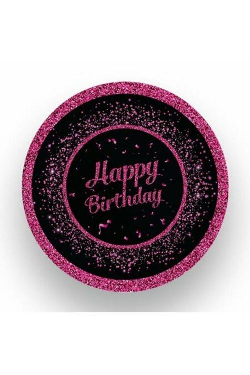 Pembe Siyah Happy Birthday  Karton Tabak 8 Adet