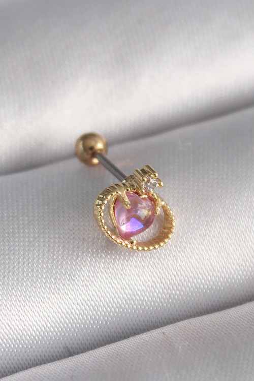 316L Çelik Gold Renk Pembe Mineli Kalp Zirkon Taş Detay Tragus Piercing - Tj-Pr1272