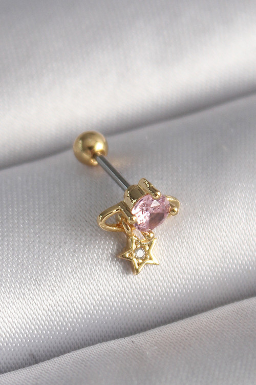 316L Çelik Gold Renk Pembe Zirkon Taşlı Sallantı Yıldız Detay Tragus Piercing - Lisinya