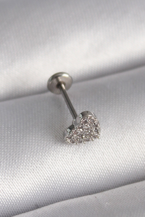 316L Çelik Gümüş Renk Zirkon Taşlı Kalp Model Tragus Piercing - Tj-Pr1347