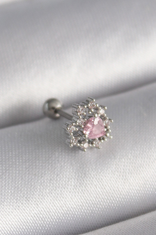 316L Çelik Gümüş Renk Zirkon Taşlı Kalp Tragus Piercing - Tj-Pr1231