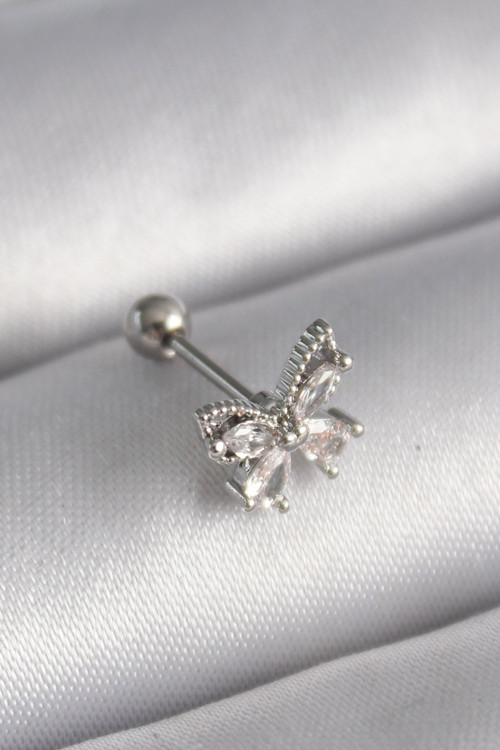 316L Çelik Gümüş Renk Zirkon Taşlı Kelebek Tragus Piercing - Tj-Pr1233