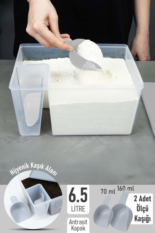 Ölçü Kaşıklı Un Şeker Deterjan Saklama İstifleme Kabı Ölçülü Saklama Kutusu 6.5 Litre Antrasit