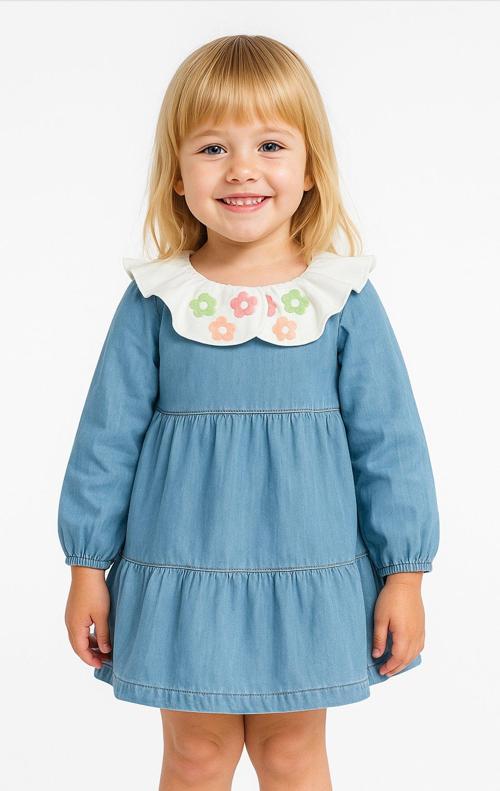 Bebe Yaka Nakışlı Uzun Kollu Kız Çocuk Kot Elbise