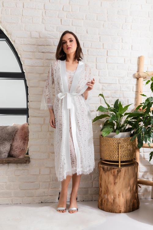 GELİN SET TRANSPARAN MİDİ BOY KUŞAKLI SABAHLIK EKRU (MGP12176)