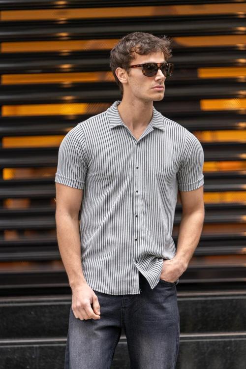 GEAR Apaç Yaka Çıtçıt Düğme Slim Gömlek - Füme