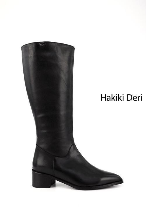 Kadın Siyah Sivri Burun Kalın Topuklu Hakiki Deri Çizme