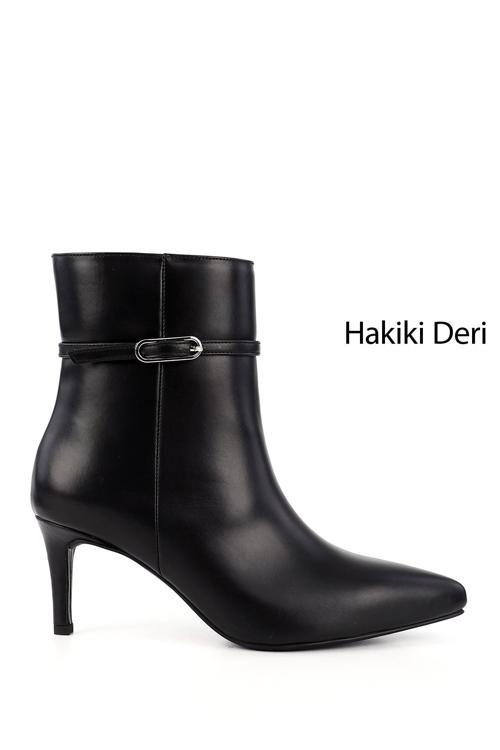 Kadın Siyah Fermuarlı İnce Topuklu Hakiki Deri Bot
