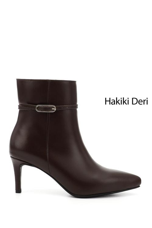 Kadın Kahverengi Fermuarlı İnce Topuklu Hakiki Deri Bot