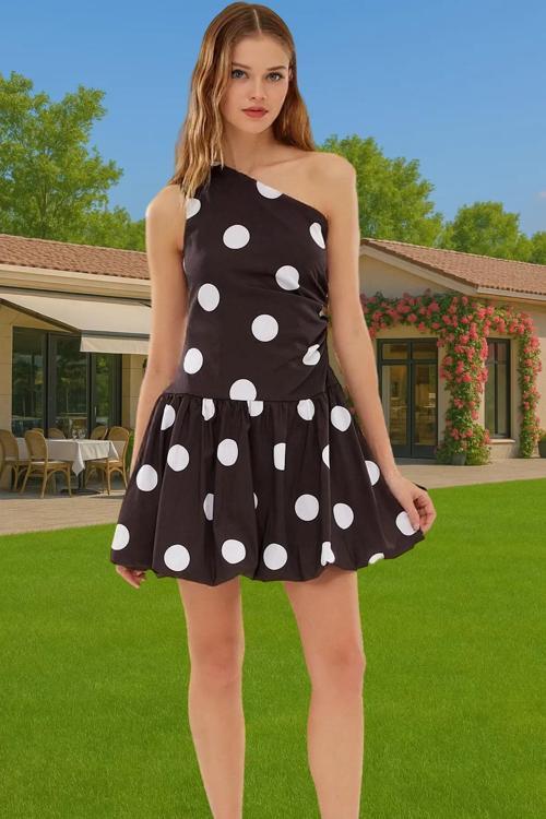 Asimetrik Yaka Mini Elbise Poplin Dokuma Yazlık Balo Elbisesi Dayanıklı Malzeme Şık Görünüm