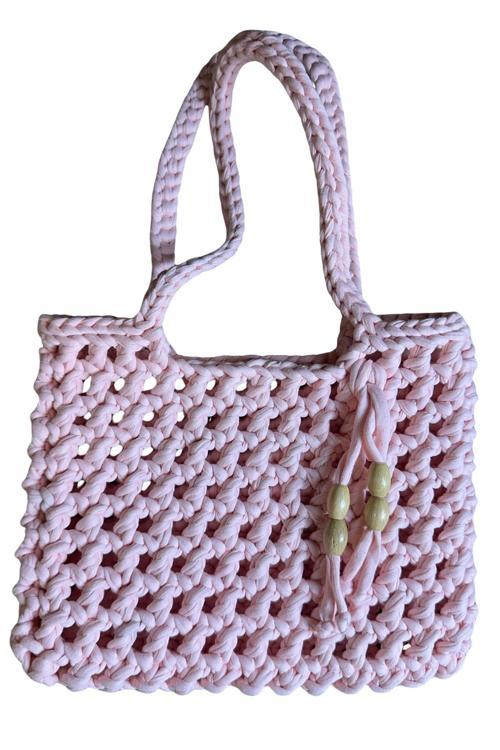 - Emine 9106 El Örgüsü Ahşap Boncuk Detaylı Penye Kumaş Omuz Çantası - 27 x 21