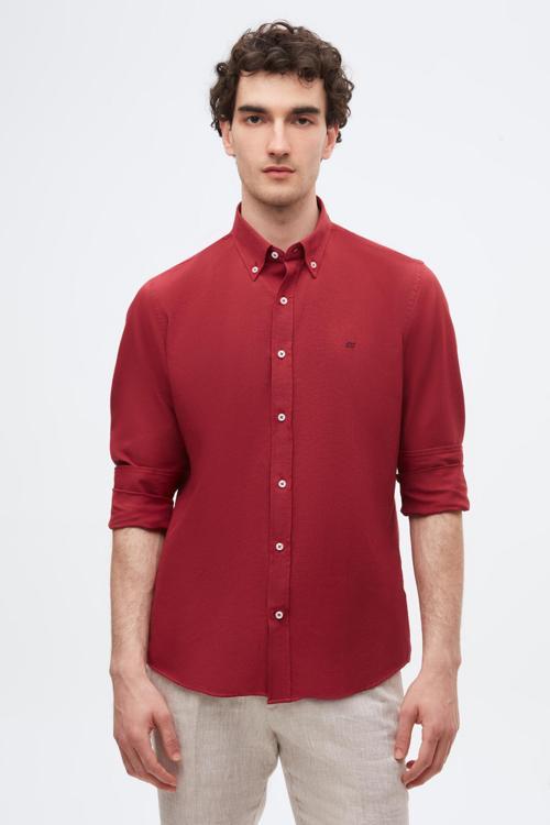 Slim Fit Bordo Oxford Düğmeli Yaka Kolay Ütülenebilir Nakış Detaylı Pamuklu Gömlek