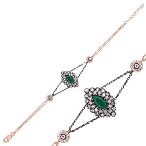 925 Ayar Gümüş Rose Mat Yeşil Taşlı Otantik Bileklik (BC-4DBDBF)