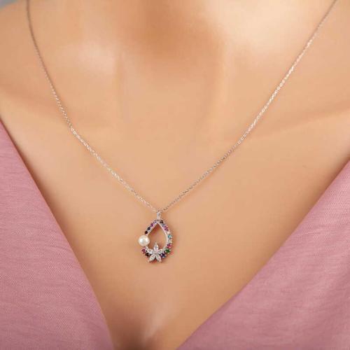 Gümüş Renkli Taşlı Çiçekli Kadın Kolye (BC-1924AE)