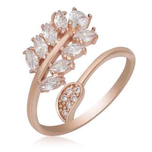 Gümüş Rose Ayarlanabilir Beyaz Taşlı Yaprak Kadın Yüzük (BC-60D100)