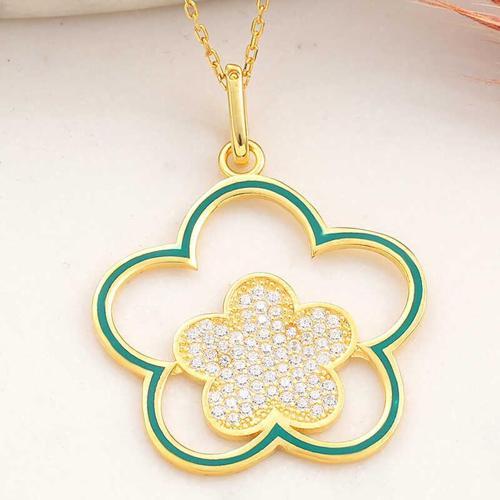 925 Ayar ​Gümüş Gold Çiçek Desenli Kadın Kolye (BC-99A092)