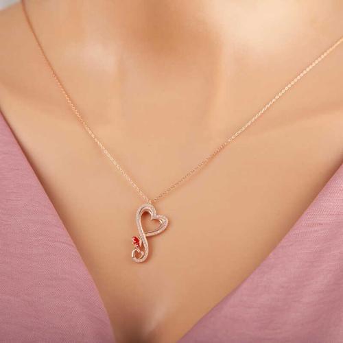 Gümüş Rose Kalpli Kelebek Kadın Kolye (BC-49148A)