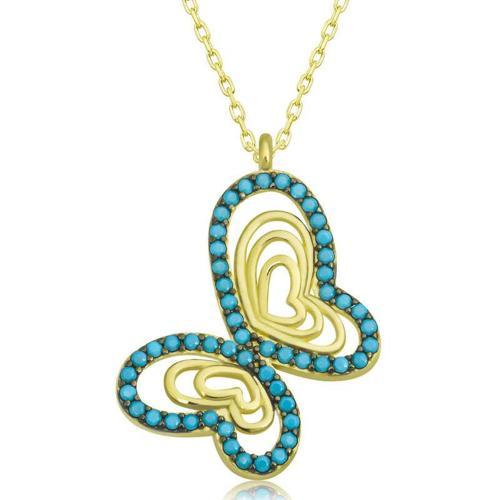 Gümüş Gold Turkuaz Taşlı Kelebek Kadın Kolye (BC-8C5842)