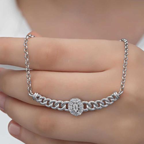 Gümüş Gurmet Zincirli Oval Baget Taşlı Kadın Kolye (BC-23AB50)