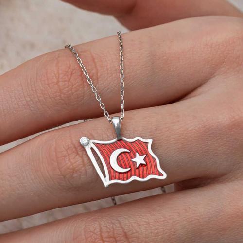Gümüş Türk Bayrağı Kadın Kolye (BC-4795F1)