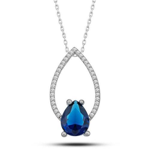 Gümüş Mavi Taşlı Damla Kadın Kolye (BC-6A0A4B)