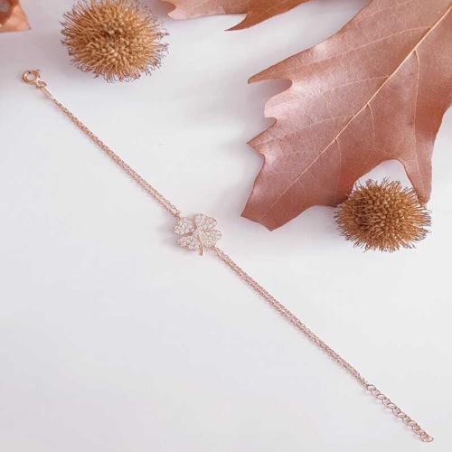 925 Ayar Gümüş Rose Kalpli Yonca Kadın Bileklik (BC-3DDD7B)