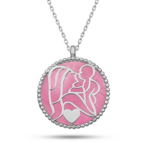 Gümüş Pembe Sedef Taşlı Anne Çocuk Sevgisi Kolye (BC-C0B323)