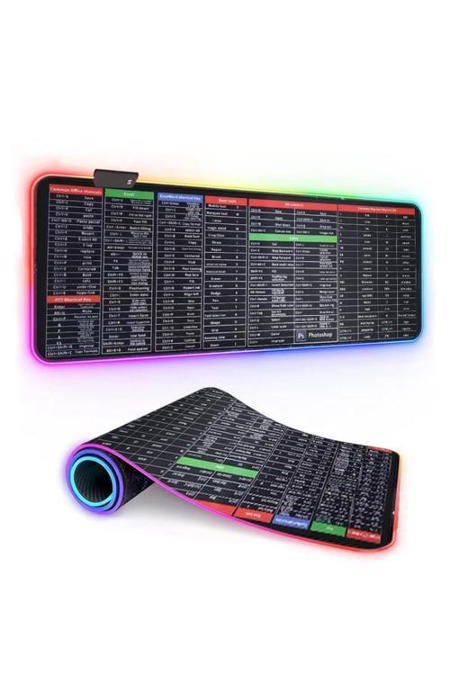 Oyuncu Rgb Mousepad Ve Klavye Pad Pc Kısa Yollar Desenli Tasarım Işıklı 70Cm X 30Cm