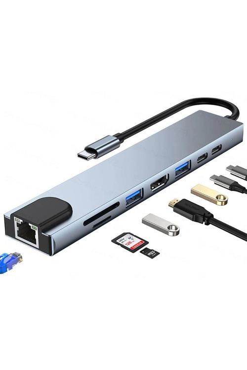 8 İn 1 Type C To 2 Port Usb 3.0 2 Sd Micro Kart Hdmı Rj45 2Pd Type C Çevirici Macbook Notebook Zr38