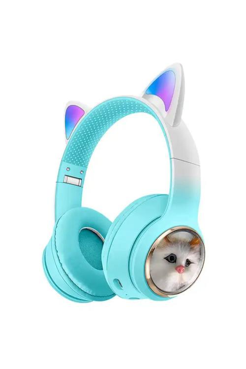 Bluetooth Kulaklık Peluş Kedi Tasarımlı Kablosuz Kulak Üstü Kulaklık Kulakları Işıklı
