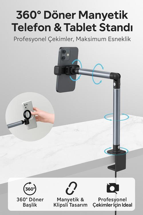 Manyetik Masaüstü Stand - 2’Si 1 Arada, 360° Ayarlı, Klipsli, Sağlam, Telefon & Tablet İçin Eh-311