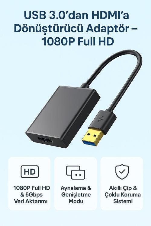 Usb 3.0 - Hdmı Dönüştürücü 1080P Full Hd, 5Gbps Hızlı Aktarım, Windows & Mac Uyumlu Hd08