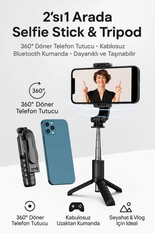 Magic Snapshot Selfie Stick - 2’Si 1 Arada, Paslanmaz Çelik, Katlanabilir, 360° Döner Tripod Q11