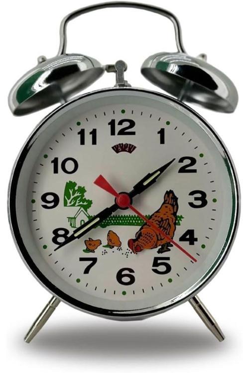 Kurmalı Çift Çanlı Çalar Saat Tavuk Ve Çiftlik Desenli Nostalji Masaüstü Saat 11X11X6 Cm