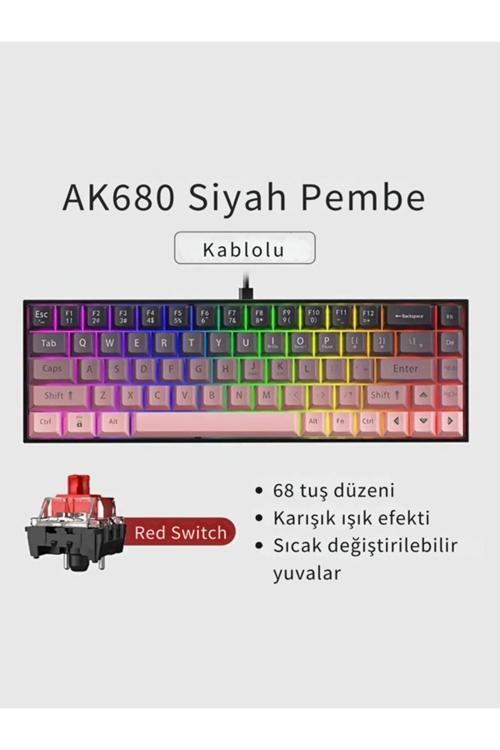 65% Kablolu Hotswap Mekanik Oyun Klavyesi,68 Tuşlu Anti-Ghosting Ajazz Ak680 Pembe | Red Switch