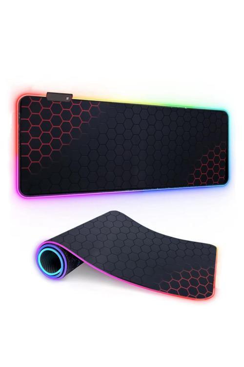 Oyuncu Rgb Mousepad Ve Klavye Pad Kırmızı Altıgen Desenli Red Hex Tasarım Işıklı 70Cm X 30Cm