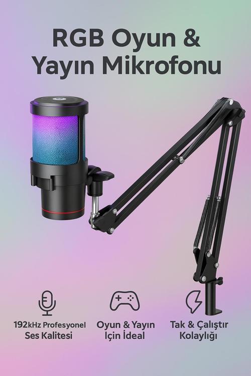 Rgb Oyun & Yayın Mikrofonu - 192Khz, Gürültü Engelleme, Usb, Ps5/4 Uyumlu, Masa Standlı | Km8S