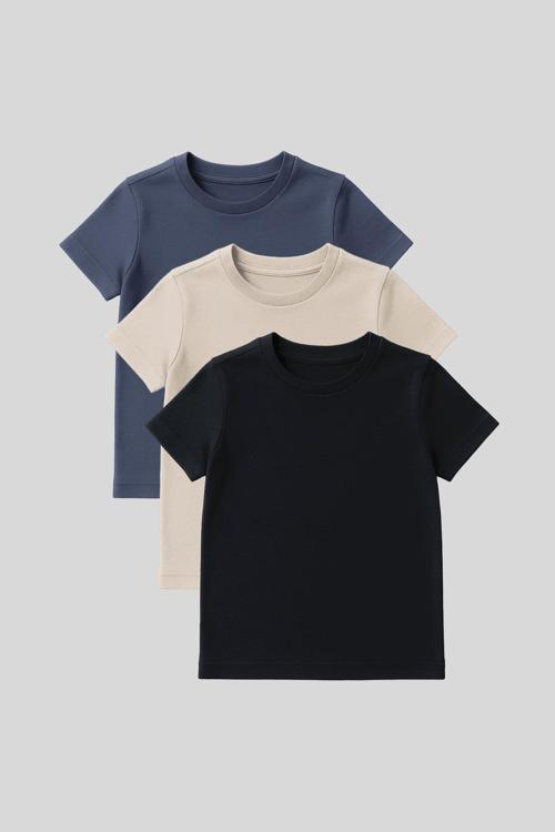 Standart Fit Basic O Yaka 3lü Paket Lacivert-Bej-Koyu Mavi Unisex Çocuk T-Shirt - 11328