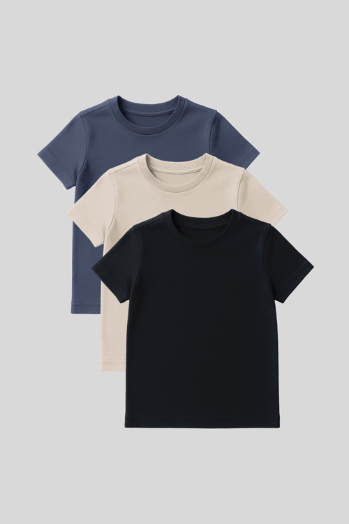 Standart Fit Basic O Yaka 3lü Paket Lacivert-Bej-Koyu Mavi Unisex Çocuk T-Shirt - 11328