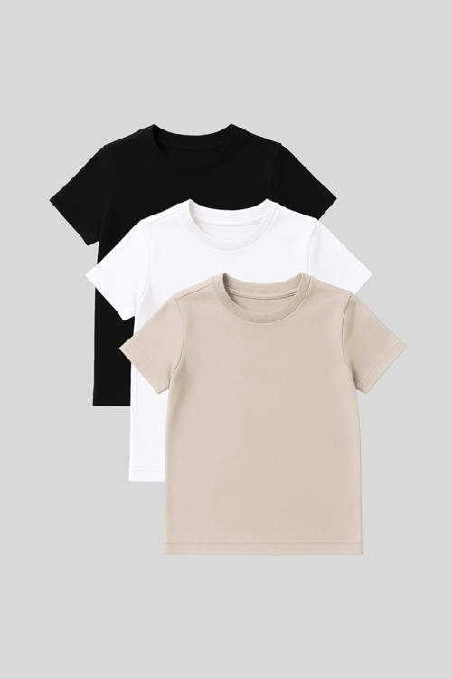 Standart Fit Basic O Yaka 3lü Paket Siyah-Beyaz-Bej Unisex Çocuk T-Shirt - 11328