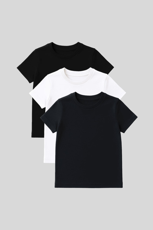 Standart Fit Basic O Yaka 3lü Paket Siyah-Beyaz-Lacivert Unisex Çocuk T-Shirt - 11328