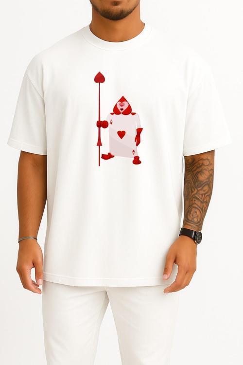 Oversize Alice Harikalar Diyarında Kalp Kartı Ace Göğüs Tasarımlı Unisex T-Shirt