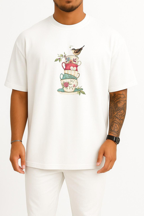 Oversize Kuş Ve Çay Fincanı, Çay Fincanı Havlu Çaydanlık Göğüs Tasarımlı Unisex T-Shirt