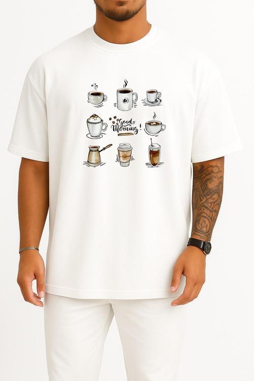 Oversize Coffee Euclidean Icon, Kahve Fincanı Koleksiyon Göğüs Tasarımlı Unisex T-Shirt