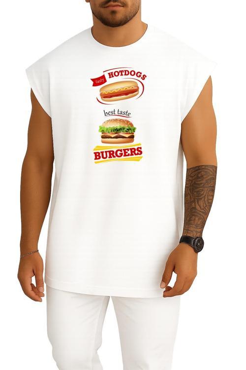 Oversize Sosisli Ve Hamburger İllüstrasyon, Hamburger Fast Food Göğüs Tasarımlı Atlet