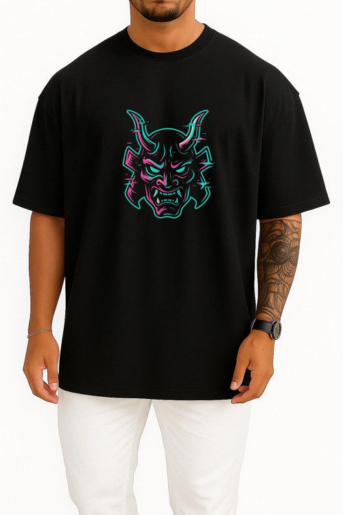 Oversize Glitch Samuray Maskesi Neon– Techwear Göğüs Tasarımlı Unisex T-Shirt