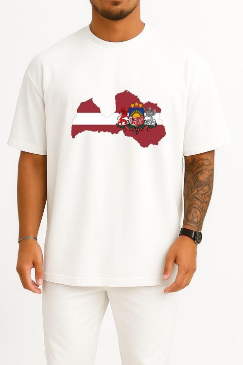 Oversize Latvia Map - Litvanya Haritası Göğüs Tasarımlı Unisex T-Shirt