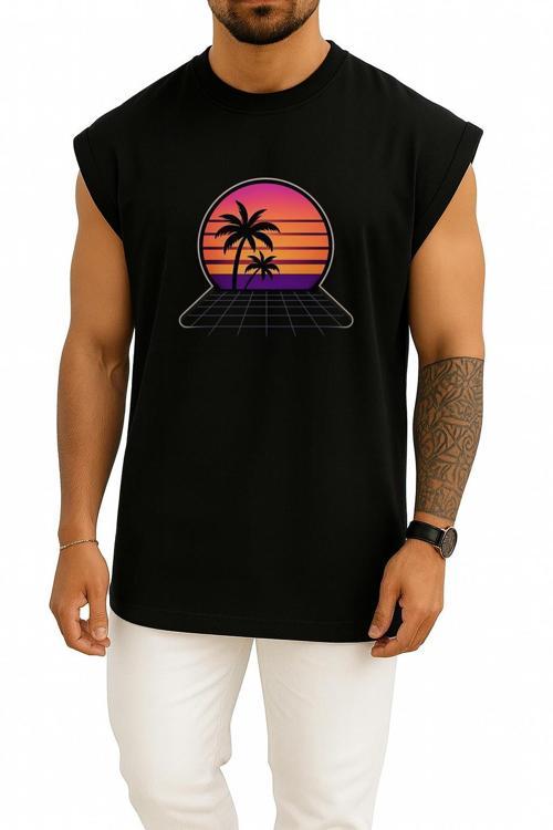 Oversize Synthwave Günbatımı  Palmiyeler – Retro Göğüs Tasarımlı Atlet