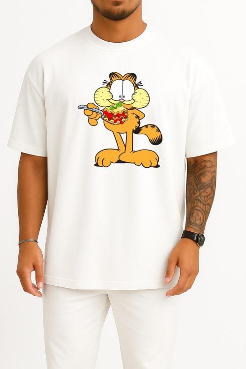 Oversize Garfield 'In Bingo Alt Özelliği Lasagneg Göğüs Tasarımlı Unisex T-Shirt