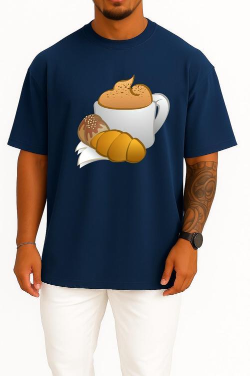 Oversize Kahve Croissant Kahvaltı Göğüs Tasarımlı Unisex T-Shirt